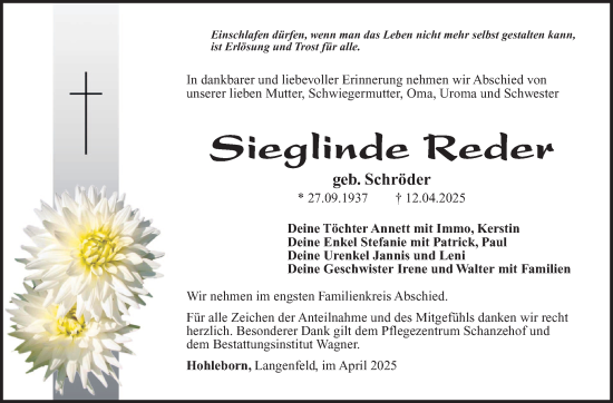 Traueranzeige von Sieglinde Reder von Südthüringer Presse