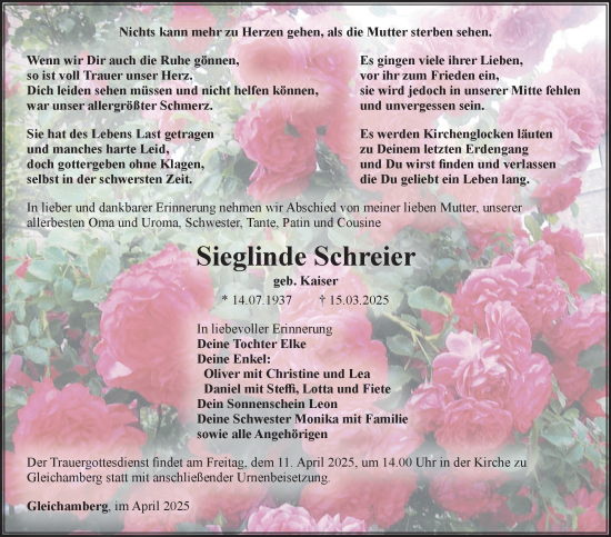 Traueranzeige von Sieglinde Schreier von Südthüringer Presse