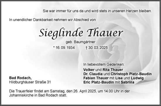 Traueranzeige von Sieglinde Thauer von Neue Presse Coburg