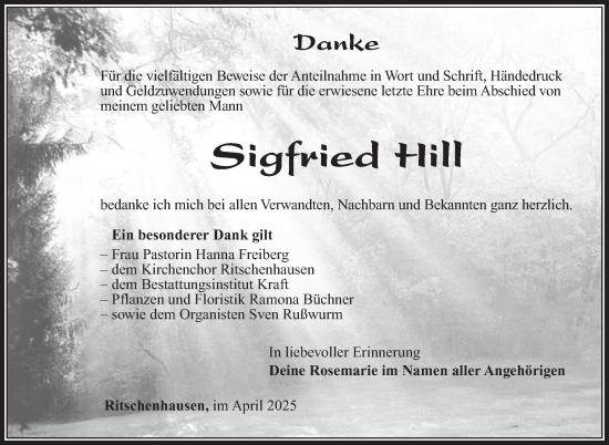 Traueranzeige von Sigfried Hill von Südthüringer Presse