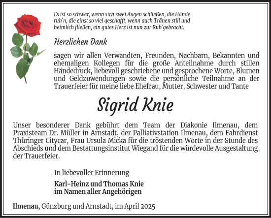 Traueranzeige von Sigrid Knie von Südthüringer Presse