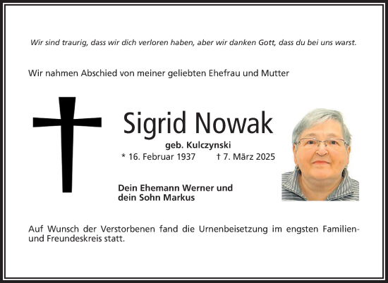 Traueranzeige von Sigrid Nowak von Frankenpost