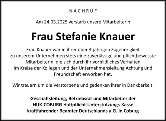 Traueranzeige von Stefanie Knauer von Neue Presse Coburg
