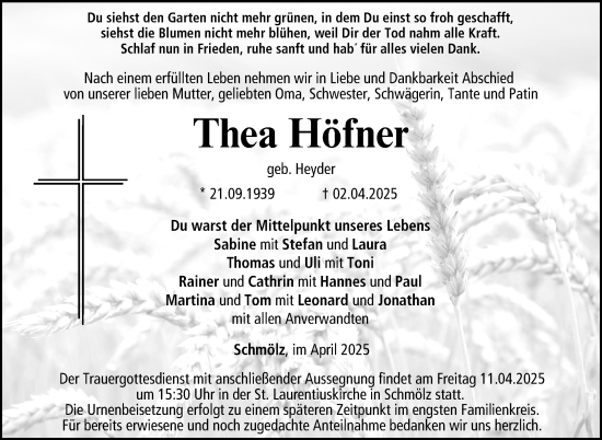 Traueranzeige von Thea Höfner von Neue Presse Coburg