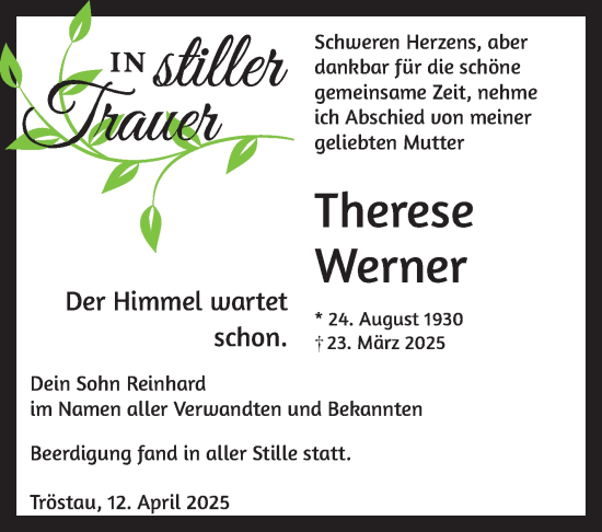 Traueranzeige von Therese Werner von Frankenpost