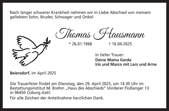 Traueranzeige von Thomas Hausmann von Neue Presse Coburg