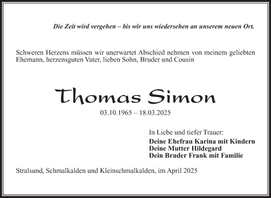 Traueranzeige von Thomas Simon von Südthüringer Presse