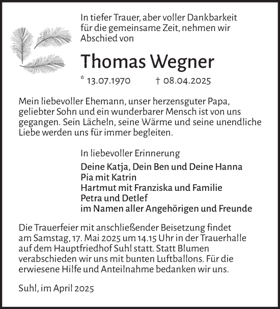Traueranzeige von Thomas Wegner von Südthüringer Presse
