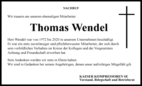 Traueranzeige von Thomas Wendel von Neue Presse Coburg