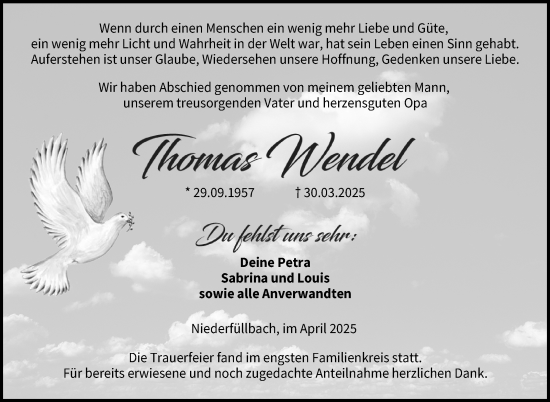 Traueranzeige von Thomas Wendel von Neue Presse Coburg