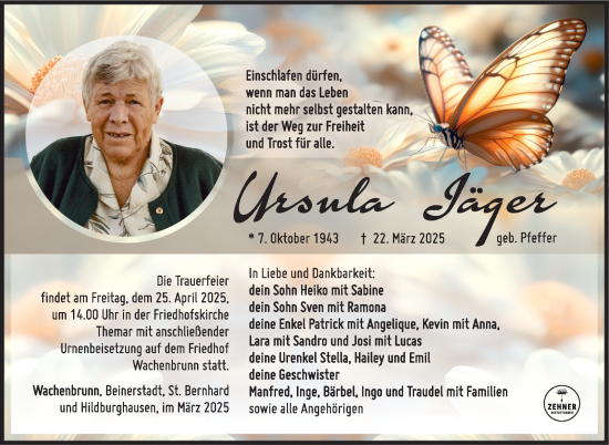 Traueranzeige von Ursula Jäger von Südthüringer Presse
