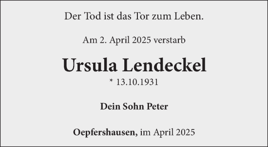 Traueranzeige von Ursula Lendeckel von Südthüringer Presse