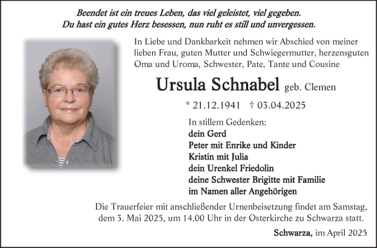 Traueranzeige von Ursula Schnabel von Südthüringer Presse