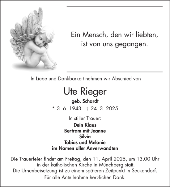 Traueranzeige von Ute Rieger von Frankenpost
