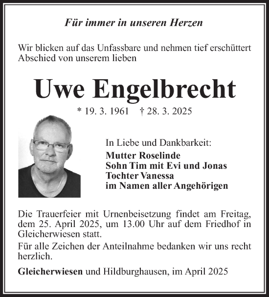 Traueranzeige von Uwe Engelbrecht von Südthüringer Presse