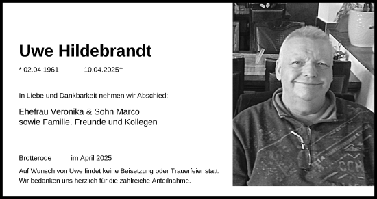 Traueranzeige von Uwe Hildebrandt von Südthüringer Presse