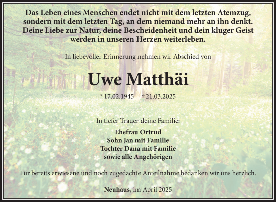 Traueranzeige von Uwe Matthäi von Südthüringer Presse