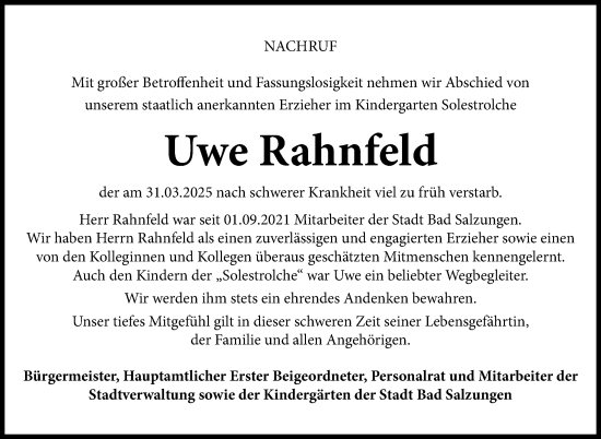 Traueranzeige von Uwe Rahnfeld von Südthüringer Presse