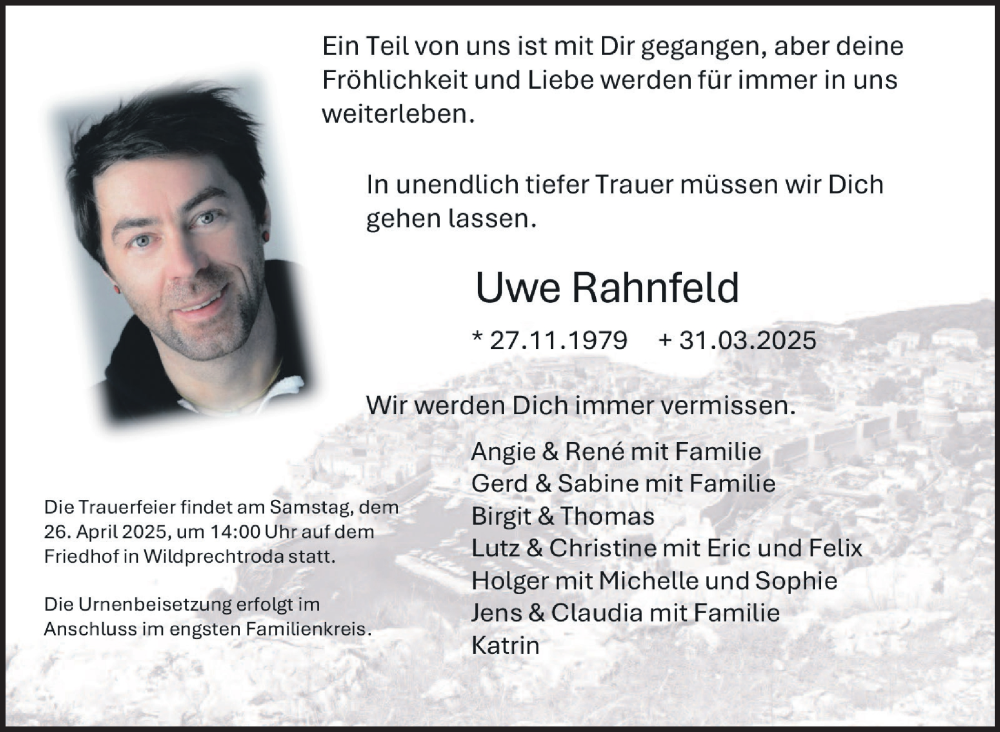  Traueranzeige für Uwe Rahnfeld vom 12.04.2025 aus Südthüringer Presse