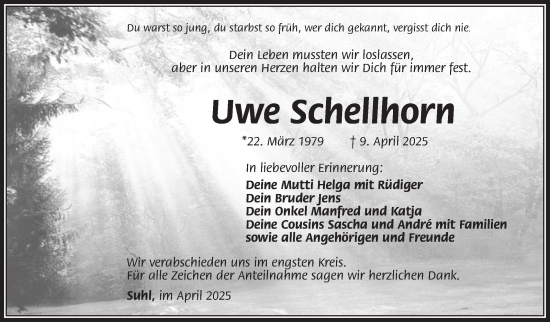 Traueranzeige von Uwe Schellhorn von Südthüringer Presse