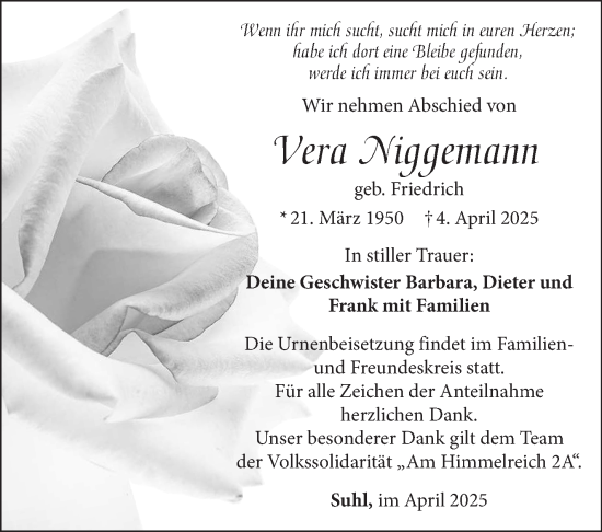Traueranzeige von Vera Niggemann von Südthüringer Presse