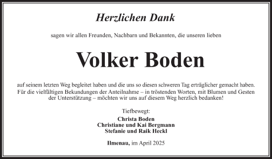 Traueranzeige von Volker Boden von Südthüringer Presse