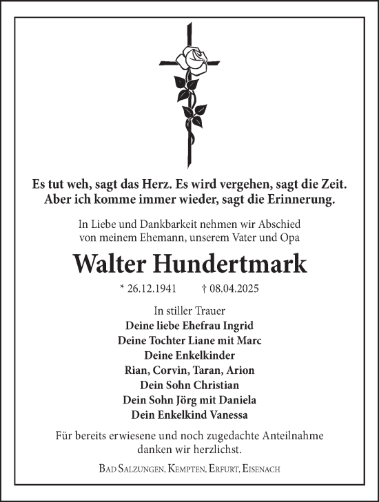 Traueranzeige von Walter Hundertmarkt von Südthüringer Presse