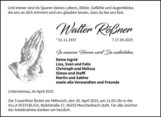 Traueranzeige von Walter Rößner von Neue Presse Coburg