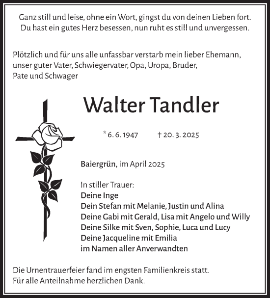 Traueranzeige von Walter Tandler von Frankenpost