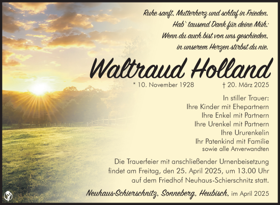 Traueranzeige von Waltraud Holland von Südthüringer Presse