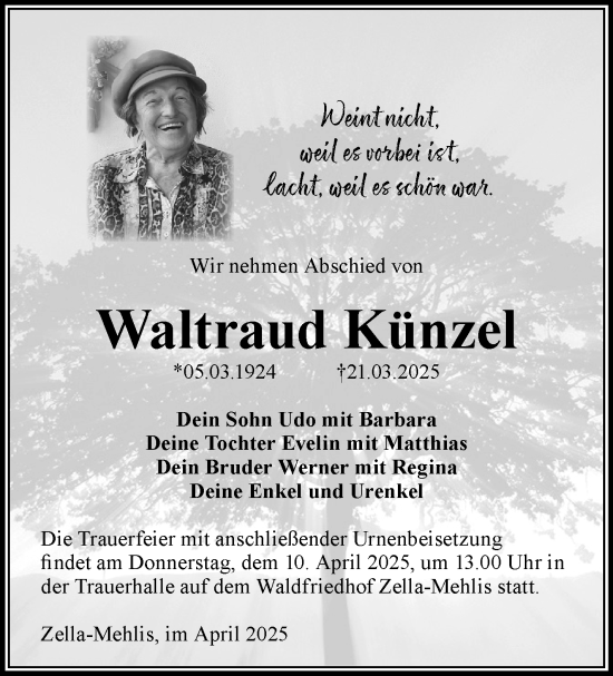 Traueranzeige von Waltraud Künzel von Südthüringer Presse