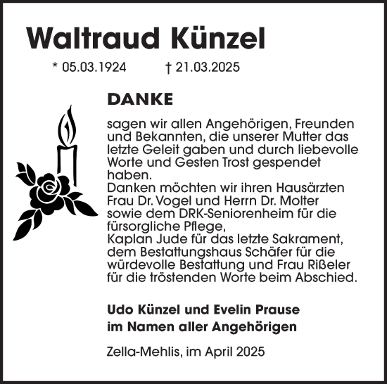 Traueranzeige von Waltraud Künzel von Südthüringer Presse
