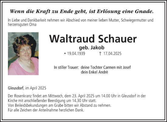 Traueranzeige von Waltraud Schauer von Neue Presse Coburg
