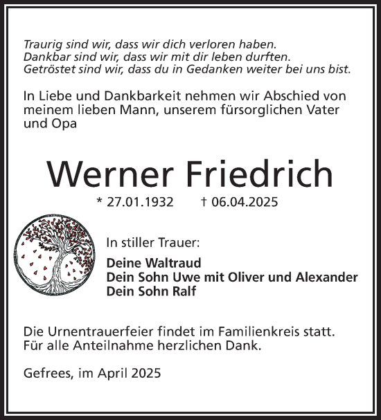 Traueranzeige von Werner Friedrich von Frankenpost