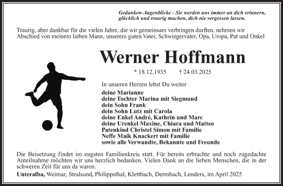 Traueranzeige von Werner Hoffmann von Südthüringer Presse