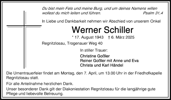 Traueranzeige von Werner Schiller von Frankenpost