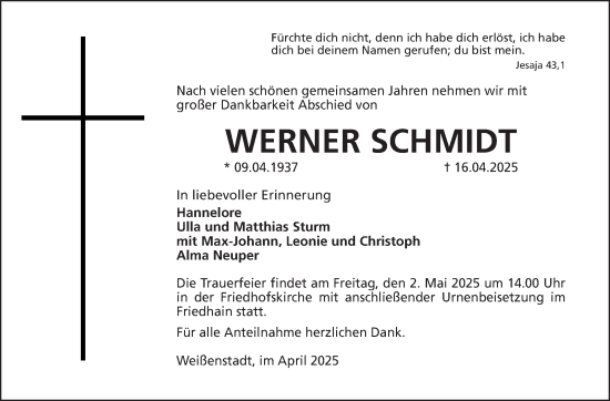 Traueranzeige von Werner Schmidt von Frankenpost