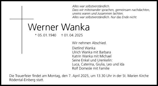 Traueranzeige von Werner Wanka von Neue Presse Coburg
