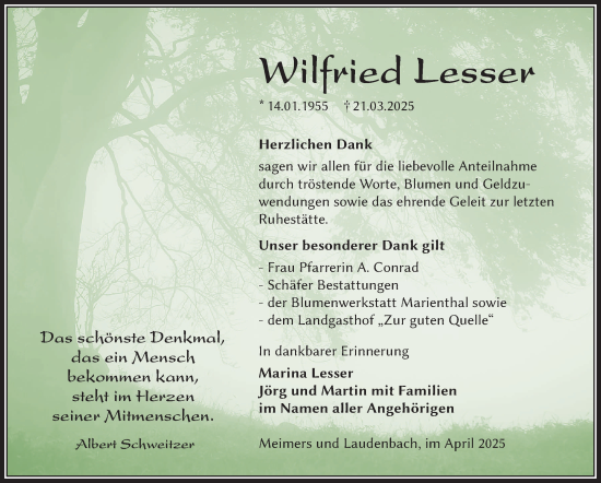 Traueranzeige von Wilfried Lesser von Südthüringer Presse
