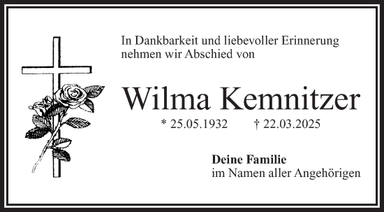 Traueranzeige von Wilma Kemnitzer von Frankenpost