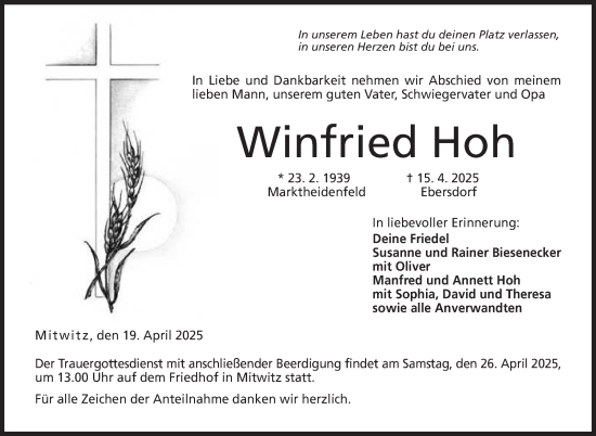 Traueranzeige von Winfried Hoh von Neue Presse Coburg