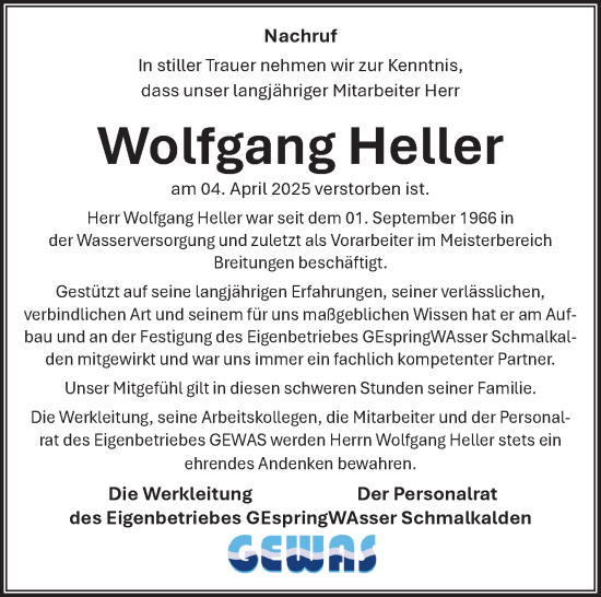 Traueranzeige von Wolfgang Heller von Südthüringer Presse