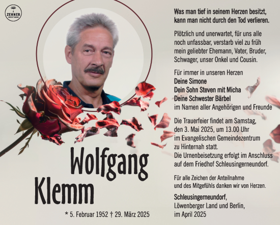 Traueranzeige von Wolfgang Klemm von Südthüringer Presse