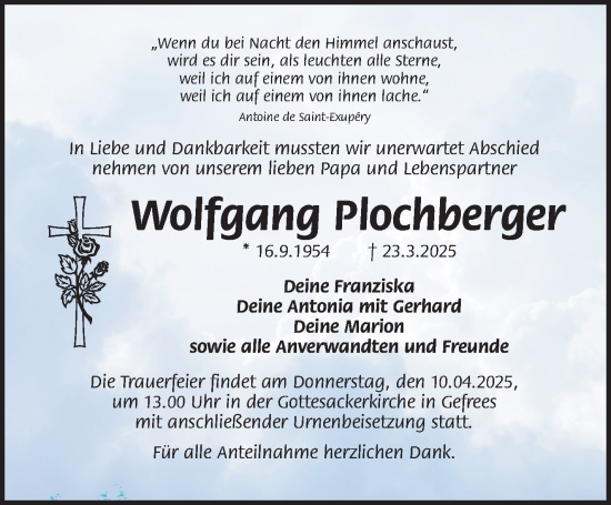 Traueranzeige von Wolfgang Plochberger von Frankenpost