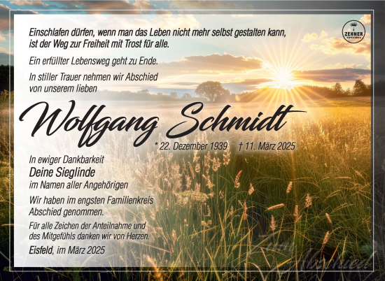 Traueranzeige von Wolfgang Schmidt von Südthüringer Presse