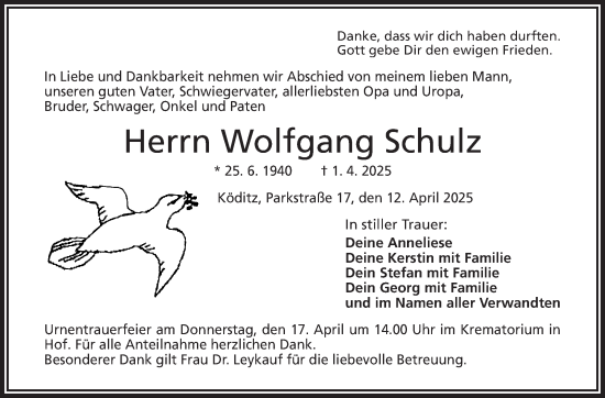 Traueranzeige von Wolfgang Schulz von Frankenpost