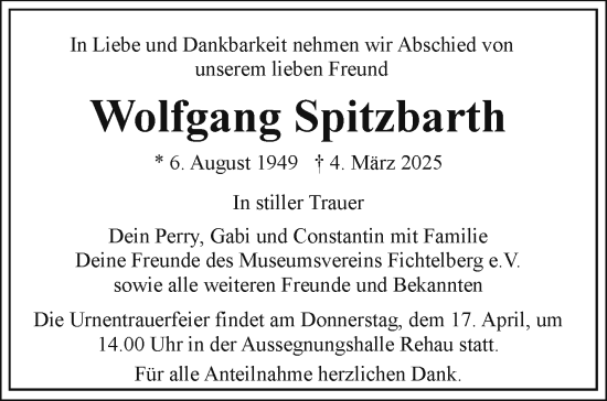 Traueranzeige von Wolfgang Spitzbarth von Frankenpost