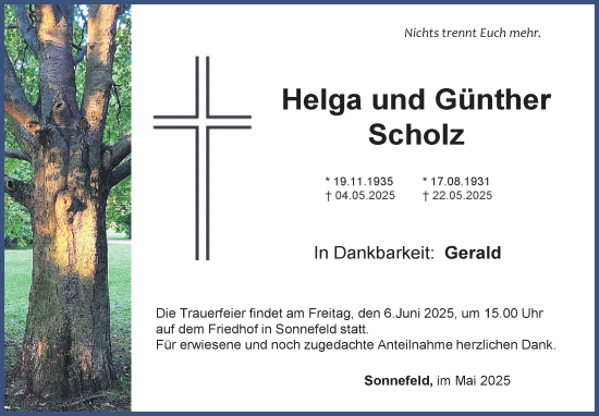 Traueranzeige von Helga und Günther Scholz 
