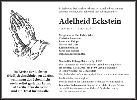Traueranzeige von Adelheid Eckstein von Neue Presse Coburg