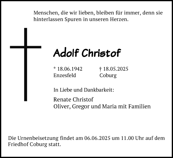 Traueranzeige von Adolf Christof von Neue Presse Coburg